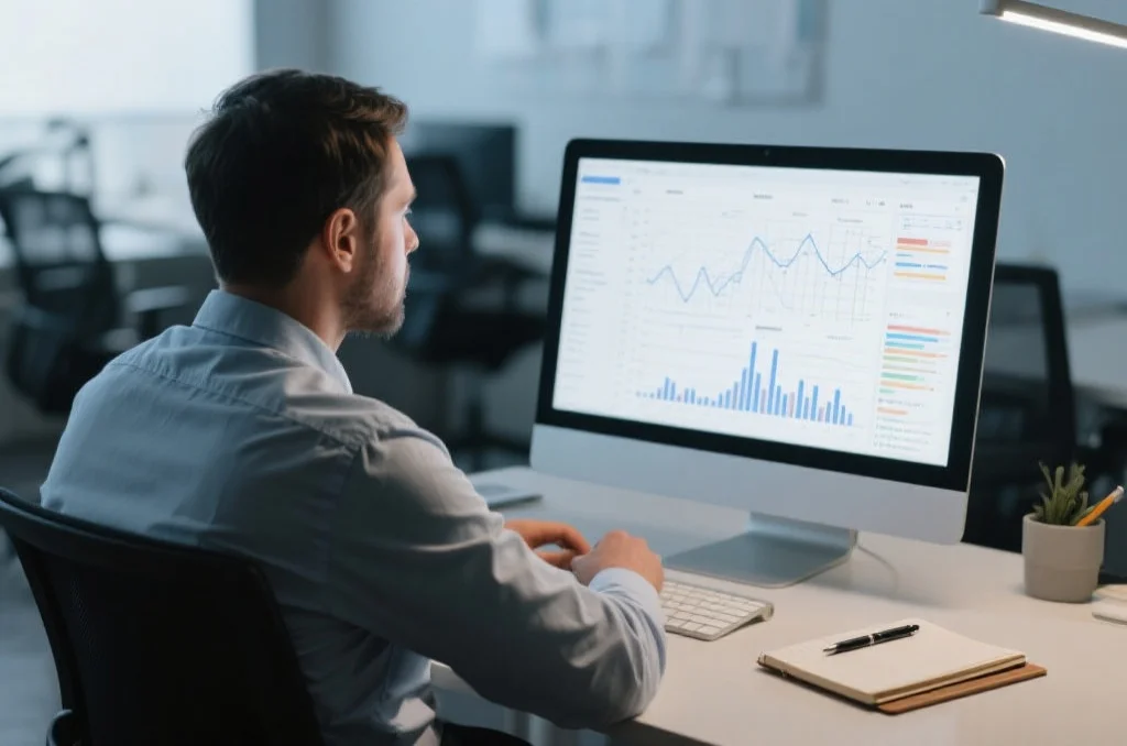 一个人在电脑前专注地分析数据，旁边有笔记本和笔