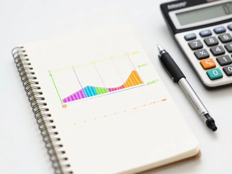 一本笔记本上用彩色笔圈出数据周期模式，旁边有一支笔和计算器