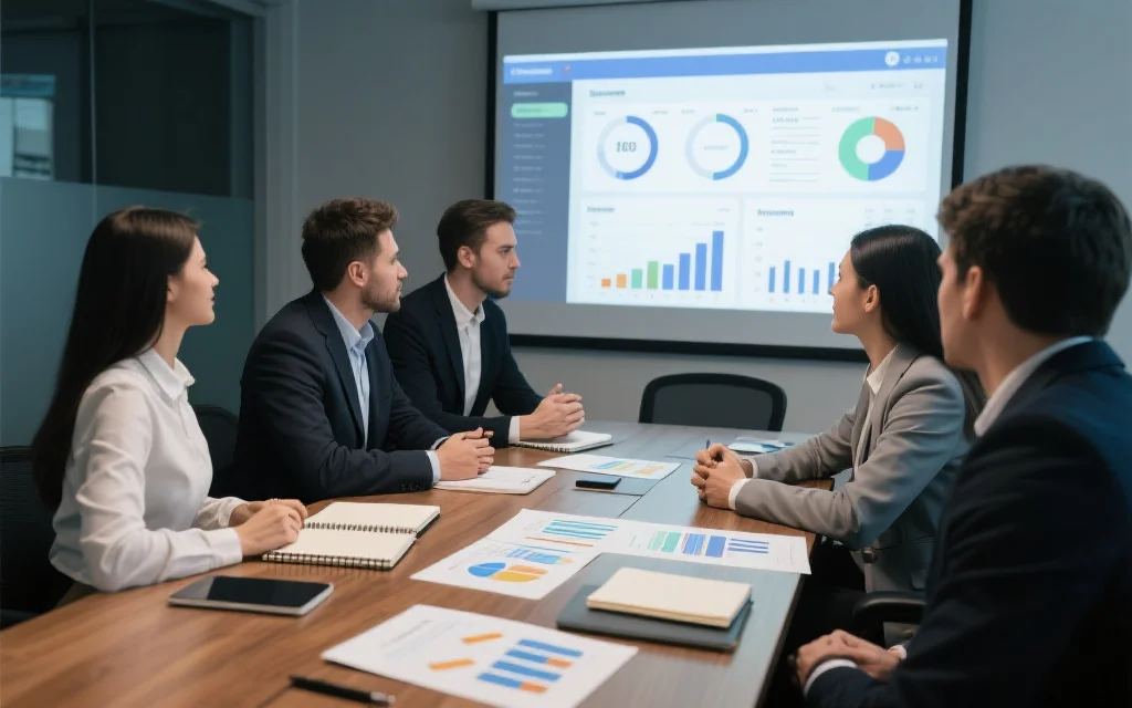 一组团队成员正在会议室讨论，桌上摆放着笔记本和分析报告，屏幕投影展示着业务数据仪表盘