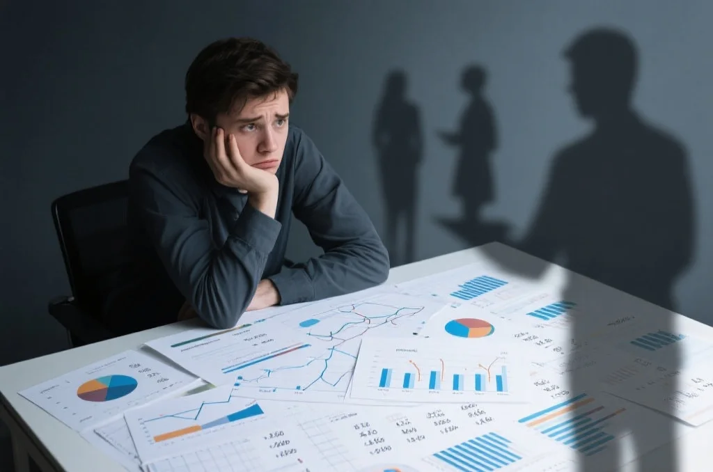 一个人面对复杂数据和可疑建议，表情怀疑